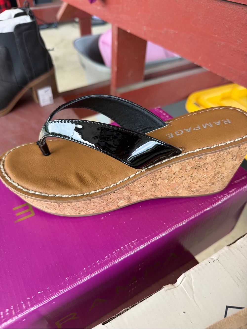 Rampage Black Patent Cork Wedge Sandal